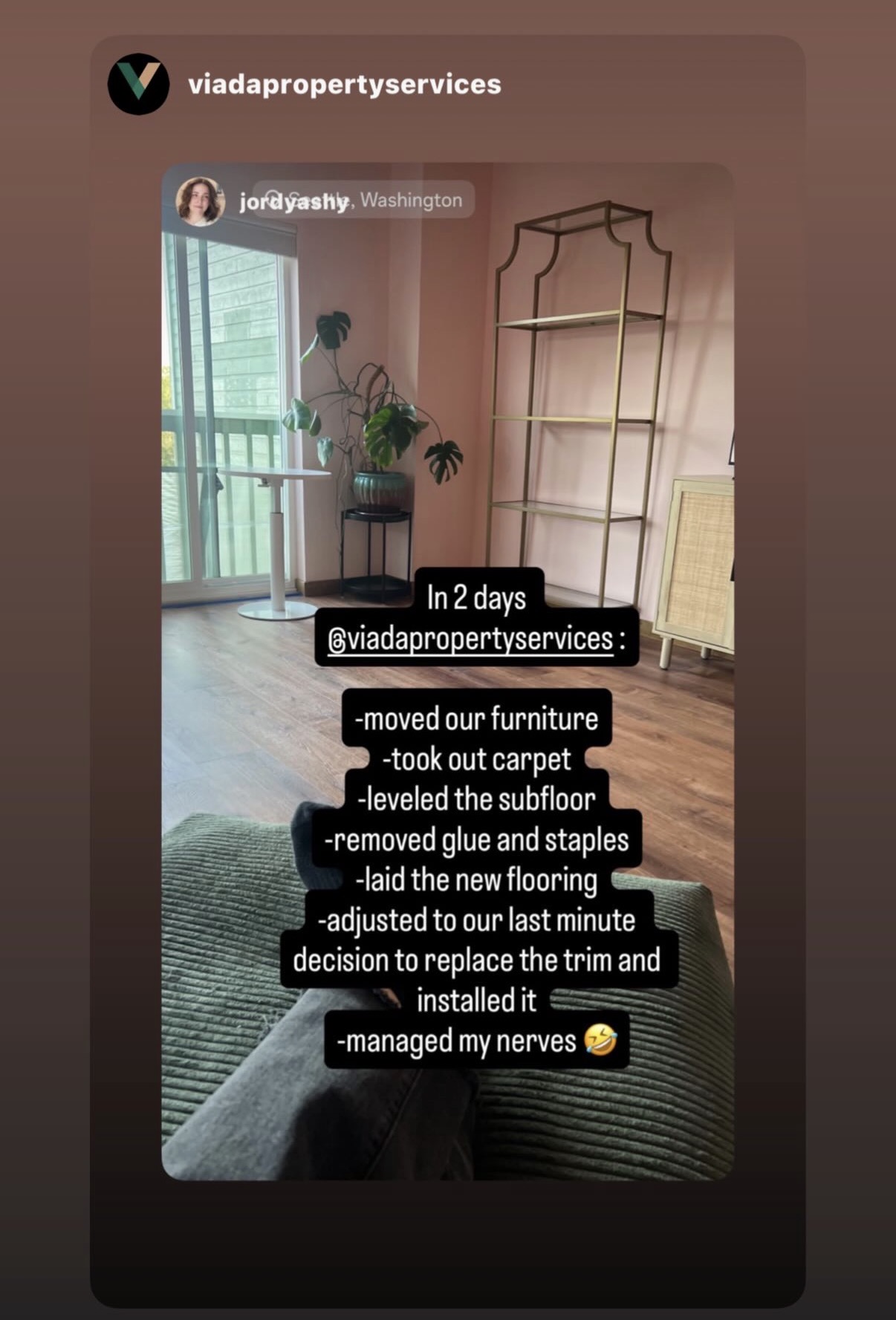 Instagram story from a client showing new plank flooring installed by Viada in two days
