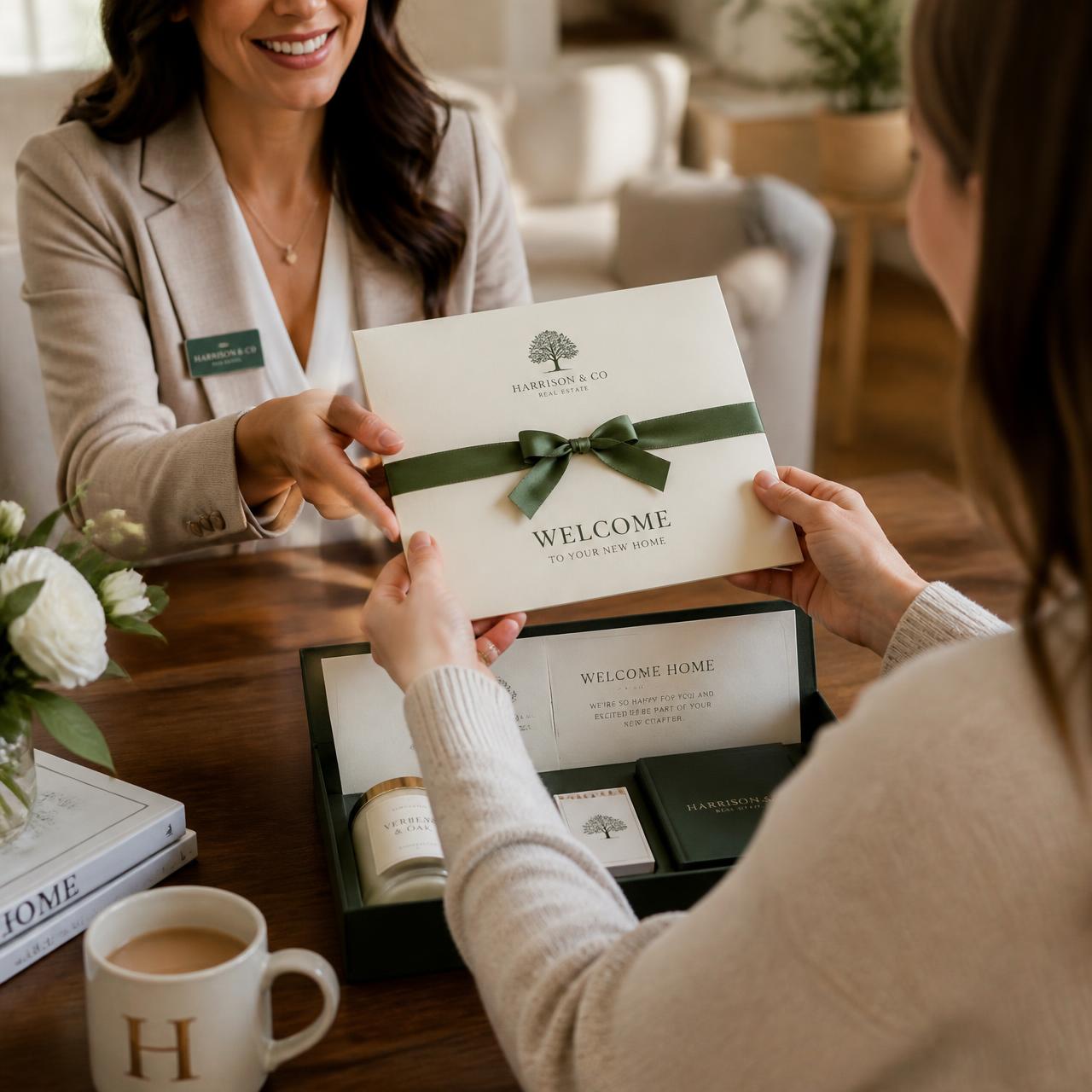 A realtor presenting a new homeowner with a welcome gift package
